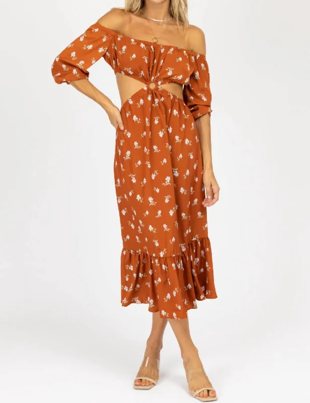 Women's Shirt Collar DressesFloral O-Ring Midi Dress In Rust