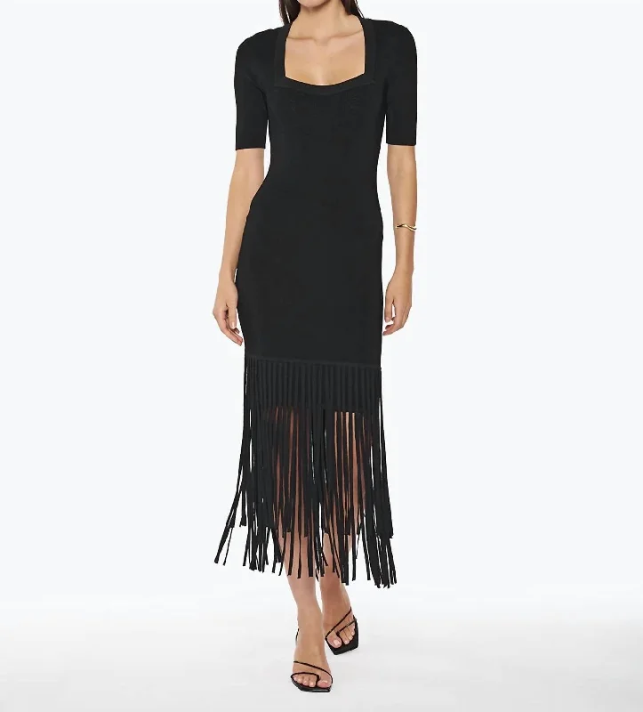 Women's Sweetheart-Neck DressesJosephina Fringe Midi Dress In Black