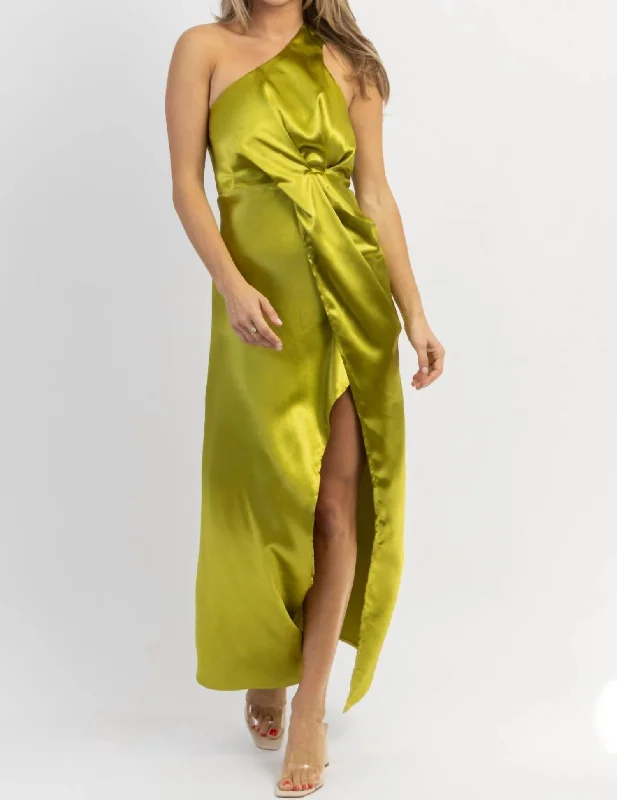 Women's V-Back DressesMartini Hour One Shoulder Satin Midi Dress In Green