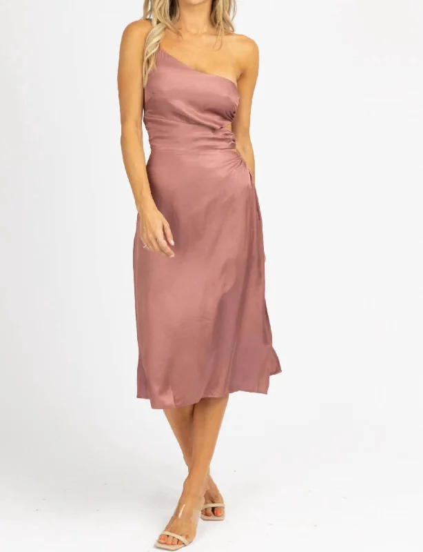 Women's High Collar DressesO-Ring Satin One Shoulder Midi Dress In Mauve