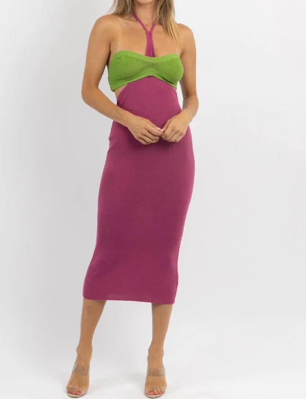  Women's A-Line DressesOsaka Halter Neck Midi Dress In Purple & Green