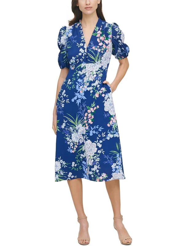 Women's One-Shoulder DressesPlus Womens Floral Puff Sleeve Midi Dress