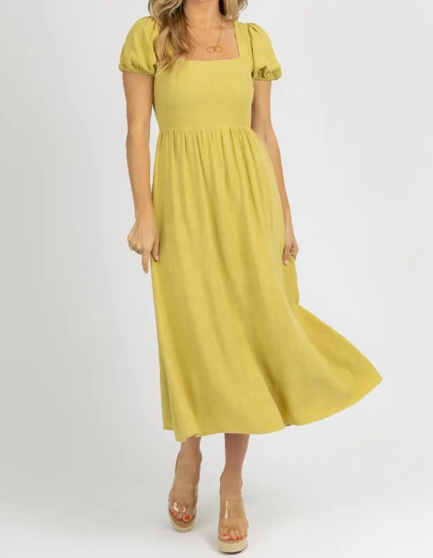 Women's Wide Collar DressesPuff Sleeve Open-Back Midi Dress In Palm Lime