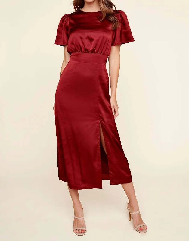 Women's Rounded Collar DressesSatin Midi Dress In Burgundy