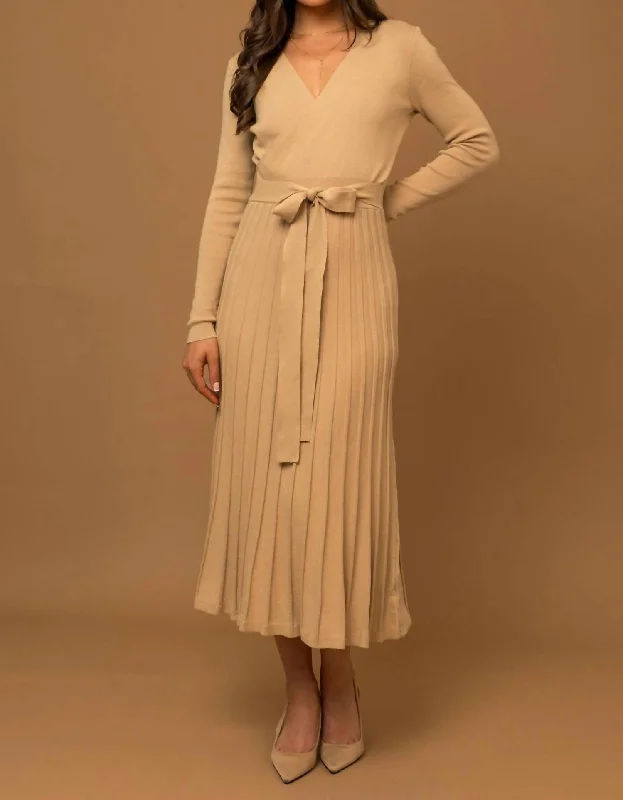 Women's Mandarin Collar DressesV-Neck Sweater Midi Dress In Camel