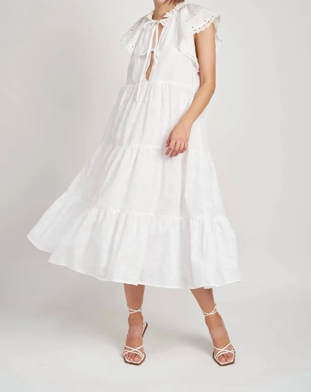 Women's Gathered DressesVoile Cotton Midi Dress In White