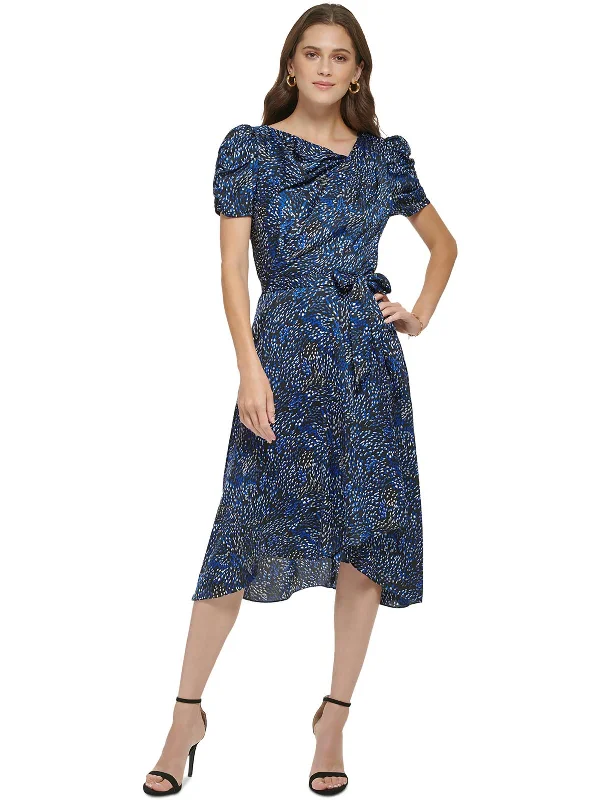 Women's Rounded Collar DressesWomens Printed Puff Sleeve Midi Dress