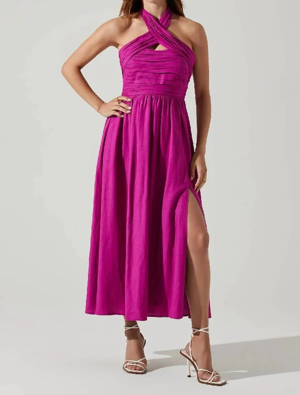 Women's High-Neck DressesZaria Halter Midi Dress In Fuchsia