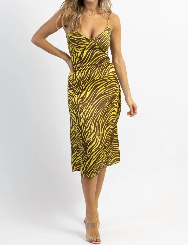 Women's Low Collar DressesZebra Satin Midi Dress In Lime + Brown