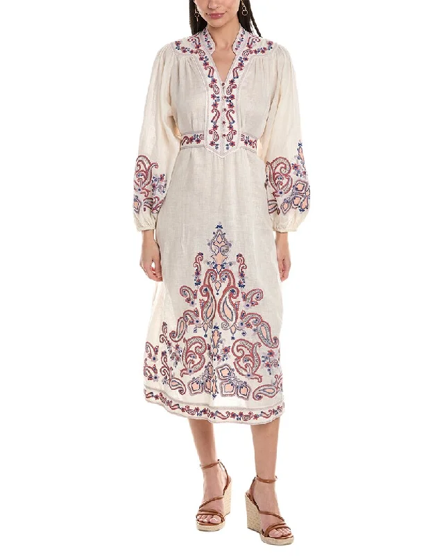 Women's Gathered DressesZimmermann Devi Embroidered Linen Midi Dress