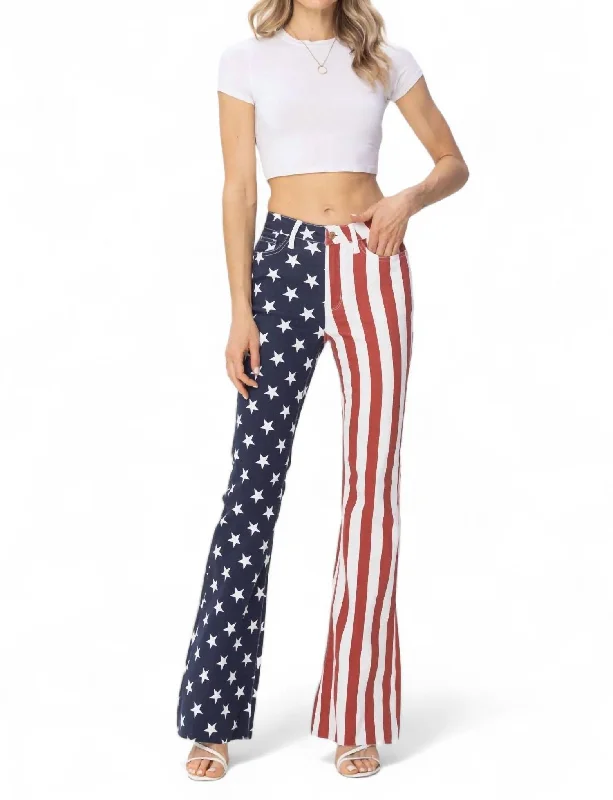 Women's Cargo ShortsHigh Waist American Flag Flares Jean In White/navy/red