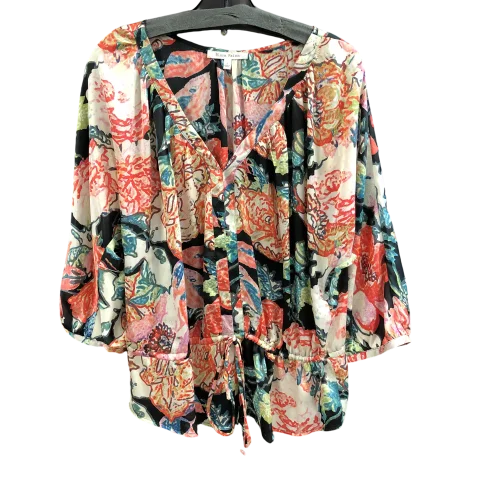 Women's Blouse with Shirt CollarTop 3/4 Sleeve By Black Rainn In Floral Print, Size: L