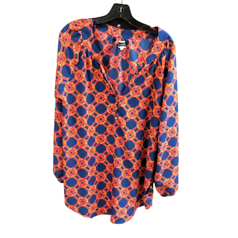 Women's Blouse with Boat CollarTop 3/4 Sleeve By Mudpie In Orange Blue, Size: L