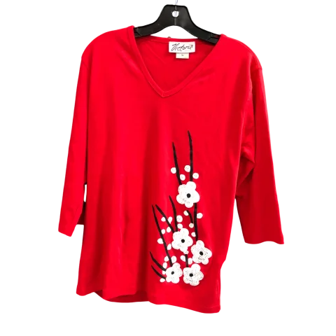 Women's Blouse with FlouncesTop 3/4 Sleeve By Victoria Ashley In Red, Size: Xl