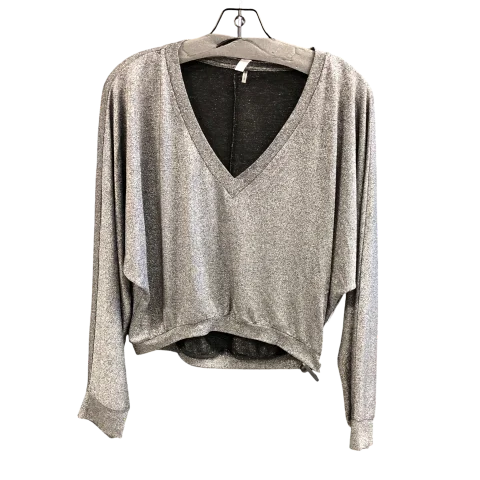 Women's Blouse with Keyhole CollarTop Long Sleeve By Glam In Silver, Size: L