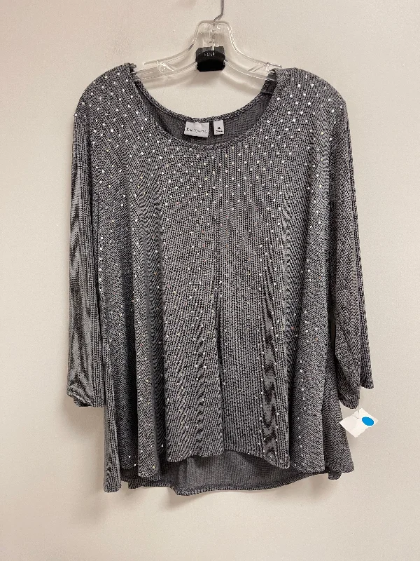 Women's Blouse with Collarless NeckTop Long Sleeve By Kim Rogers In Silver, Size: Xl