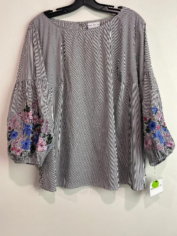 Women's Blouse with Wide CollarTop Long Sleeve By Liz Claiborne In Grey & White, Size: Xl