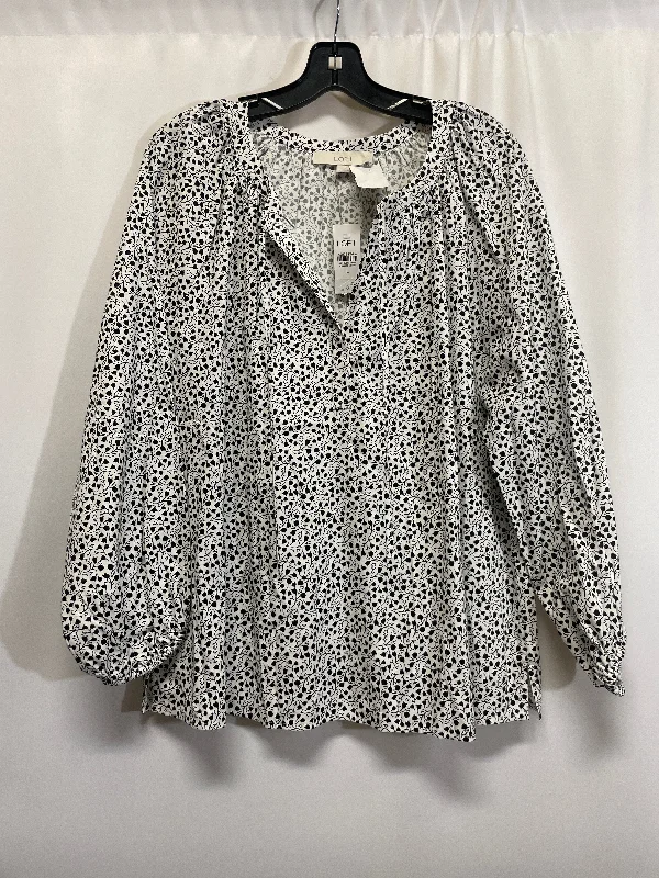 Women's Blouse with Collarless DesignTop Long Sleeve By Loft In Black & White, Size: L