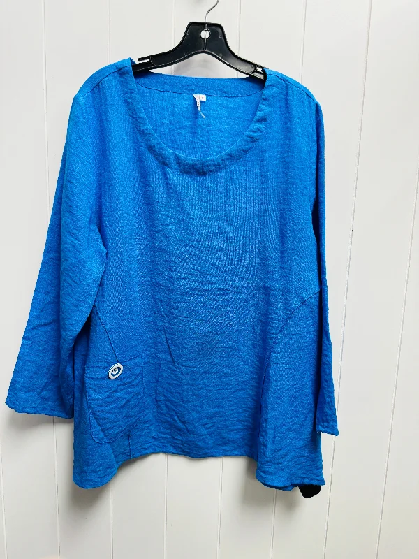 Women's Blouse with Collarless DesignTop Long Sleeve By lulu b - In Blue, Size: L