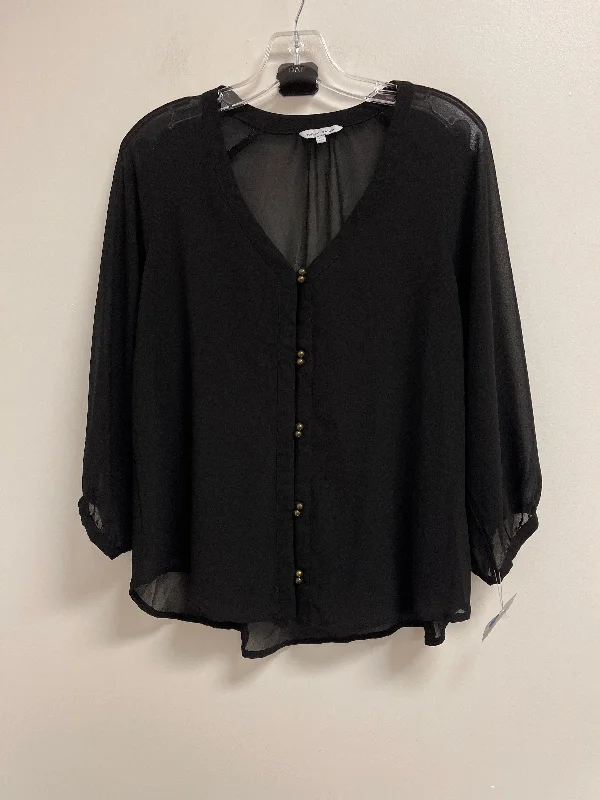 Women's Blouse with Narrow CollarTop Long Sleeve By Naked Zebra In Black, Size: L