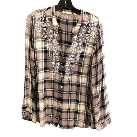 Women's Blouse with Square CollarTop Long Sleeve By Soft Surroundings In Plaid Pattern, Size: L