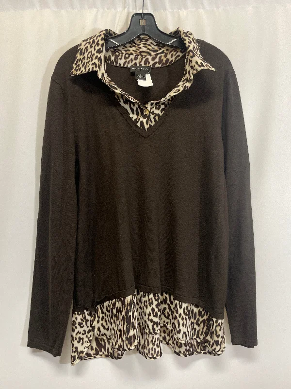 Women's Blouse with Shirt CollarTop Long Sleeve By Top Moda In Animal Print, Size: 1x