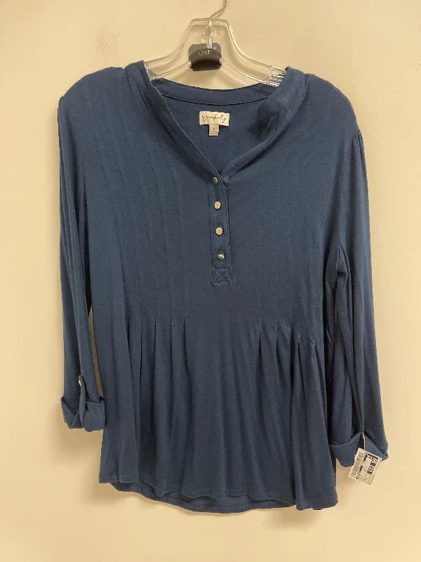 Women's Blouse with Boat CollarTop Long Sleeve By Wonderly In Navy, Size: S