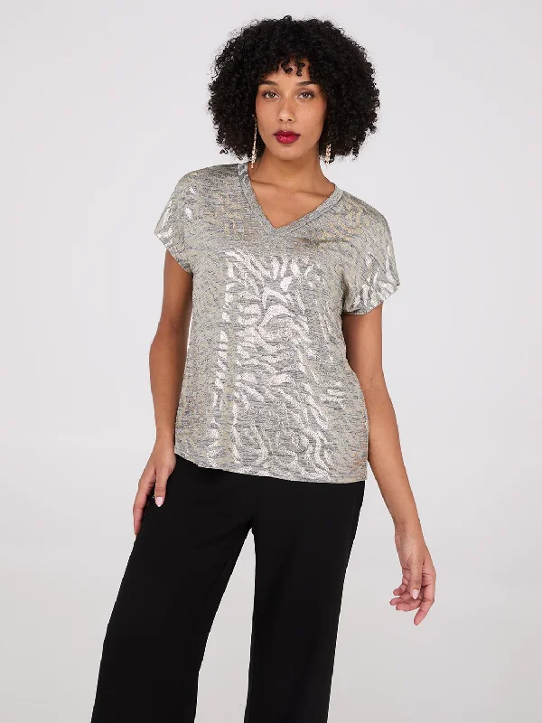 Women's Blouse for Special OccasionsFoil Animal Print V-Neck Top