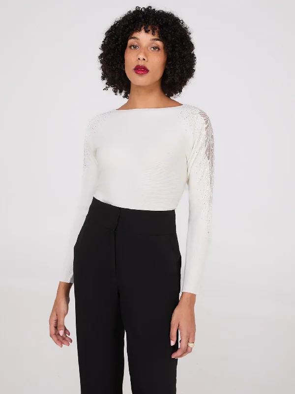 Women's Blouse with Asymmetrical HemBoat Neck Sweater With Embellished Sleeves