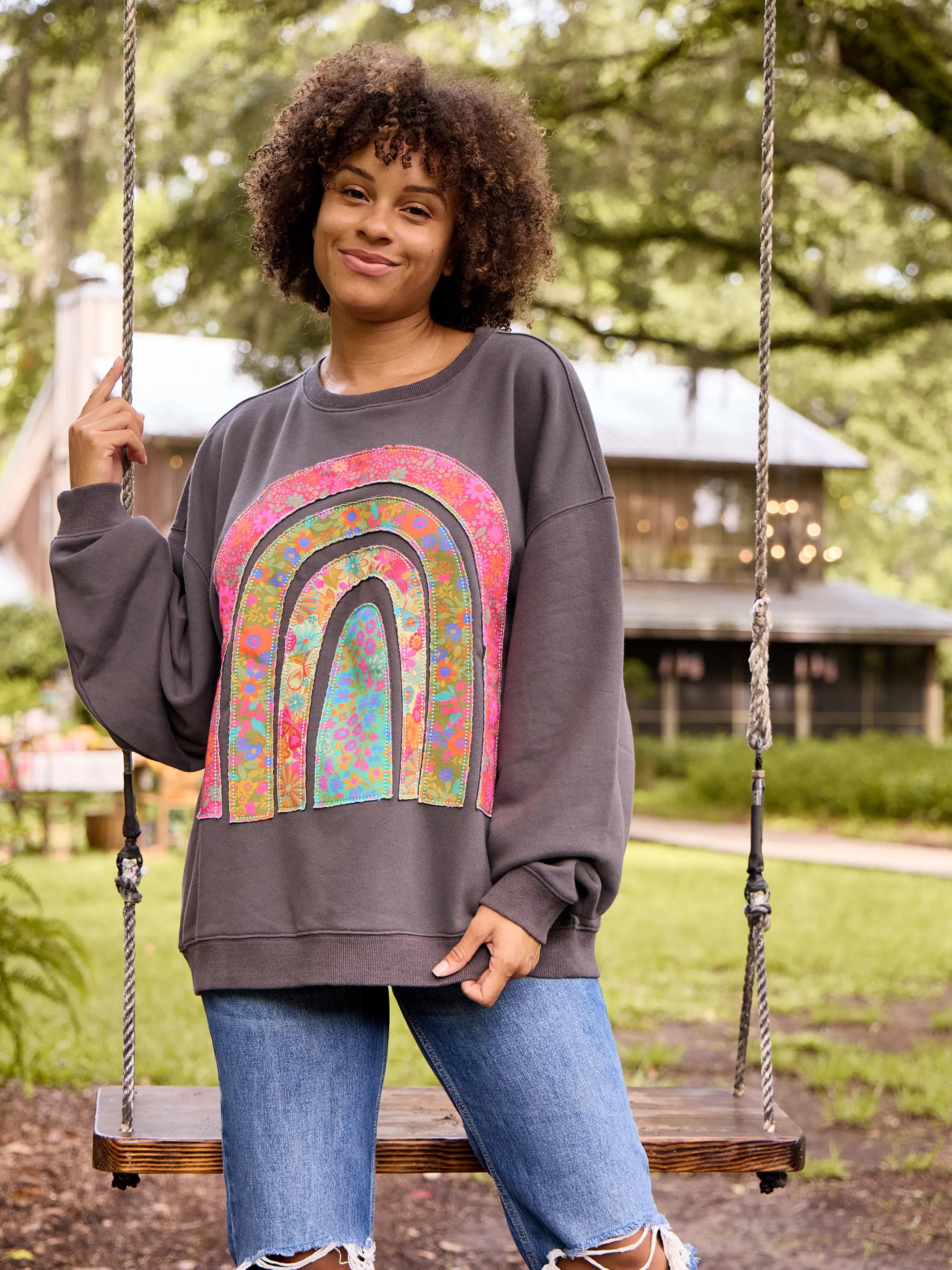 women's pajamas with moisture-wicking fabricApplique Crewneck Sweatshirt - Charcoal Rainbow