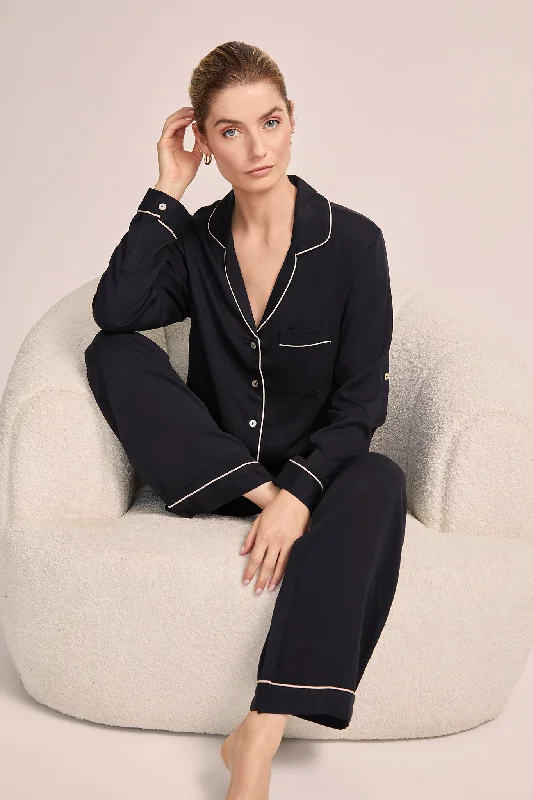 women's pajamas for those who love to stay in and relaxEva Lounge Tencel™ Pyjama Set - Black with Blush Piping