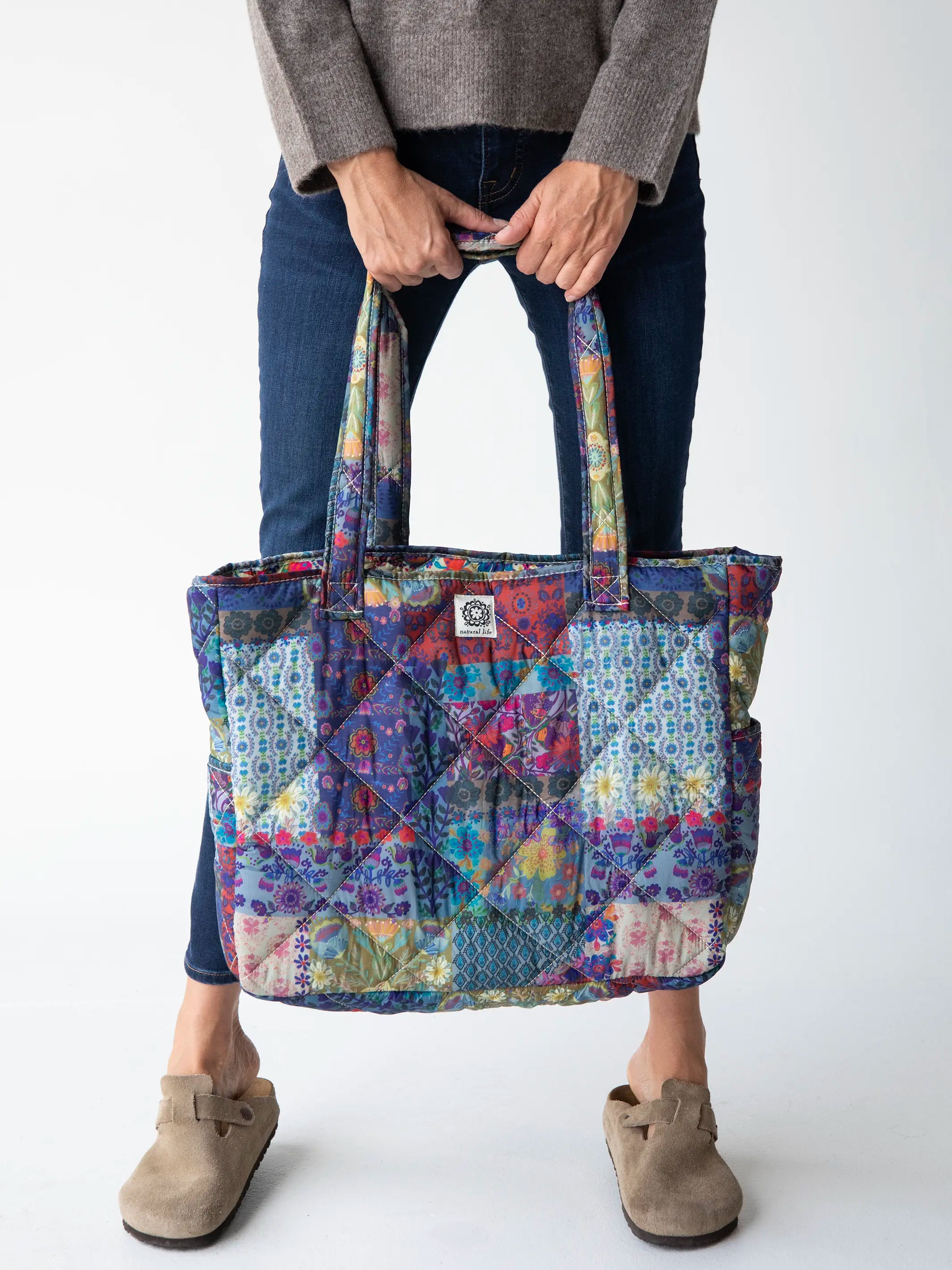 women's pajamas with pocketsReversible Puffy Tote Bag - Large Blue Patchwork